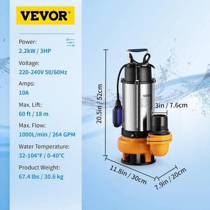 VEVOR Loaded Water Lift Pump, 2200 W, Drain Pump for Charged Water, 1000 L/Min, Vacuum Pump, Swimming Pool, Basement, Septic Tank, Submersible Pump, Submersible Pump, for Pumping Dirty Water, Waste Water