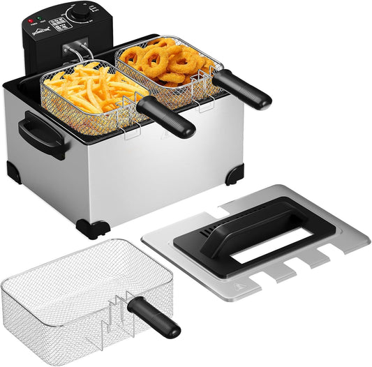 Friteuse, 5 liter friteuse met koude vetzone, 2000 W oliefriteuse, temperatuurregelaar, traploze temperatuurregelaar tot 190 °C, roestvrij staal XL friteuse met 3 frituurmanden, Deep Fryer voor