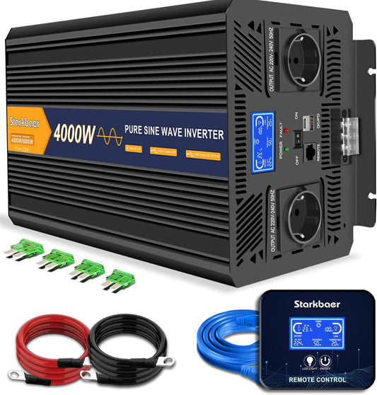 4000W omvormer 24V naar 230V zuivere sinus Spanningsomvormer stroomomvormer Pure Sine Wave Inverter, met LCD afst.bed., 2EU stopcont, USB+Type-c, voor auto/caravan/vrachtwagens/camping