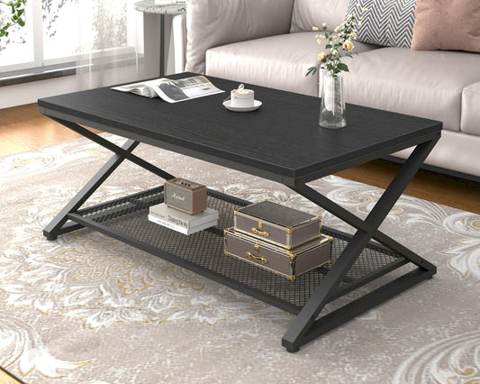 LVB Zwarte salontafel, metalen houten middentafels met 2 niveaus met opbergplank, moderne rechthoekige cocktailtheetafel voor woonkamer, houten middelste betonnen tafel voor kantoorslaapkamer, 99 cm,