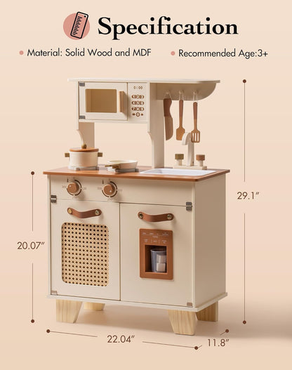 ROBOTIME Houten speelkeuken voor kinderen, realistische speelgoedkeuken met nep-ijsdispenser en rotan mesh-element, fantasiespel kookset voor peuters, cadeau voor jongens en meisjes vanaf 3 jaar