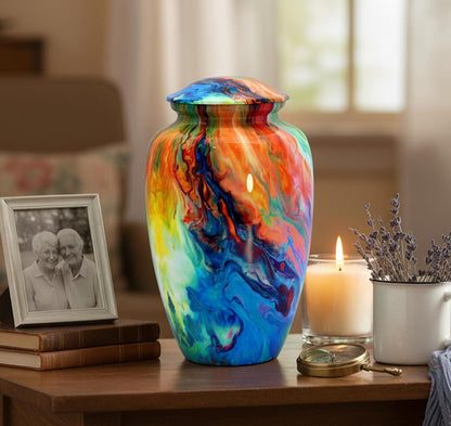 ESPLANADE Metalen crematie Urn Memorial Jar Pot Container | Volledige grootte bedrukte urn voor begrafenis as begrafenis | Metalen urnen | Wave Multicolor - 25,4 cm