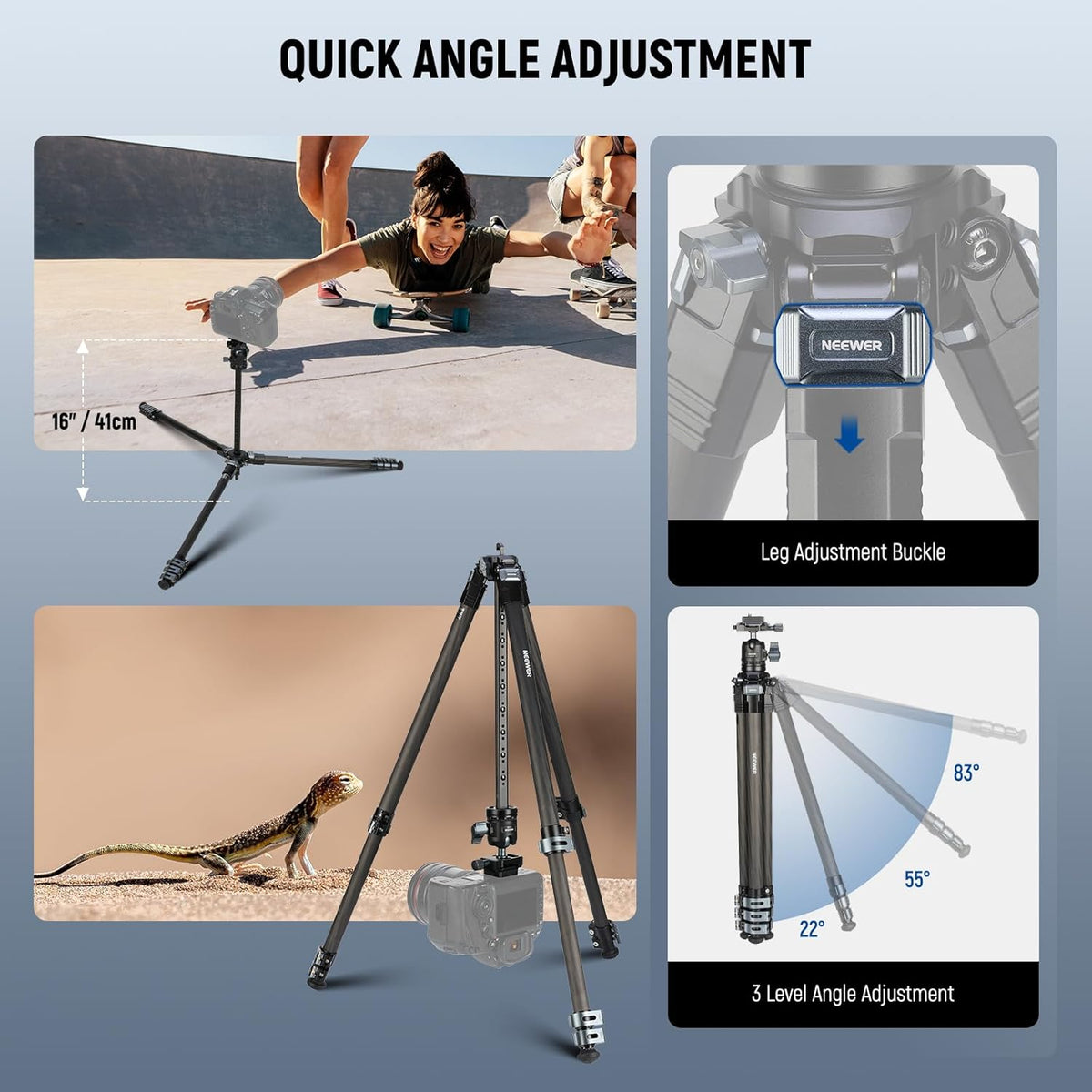 NEEWER 60 inch reisstatief koolstofvezel met afneembare 360° kogelkop, lichtgewicht videocamerastandaard met metalen snelklapgesp, Arca type QR-plaat compatibel met Peak Design Capture V3, LT36