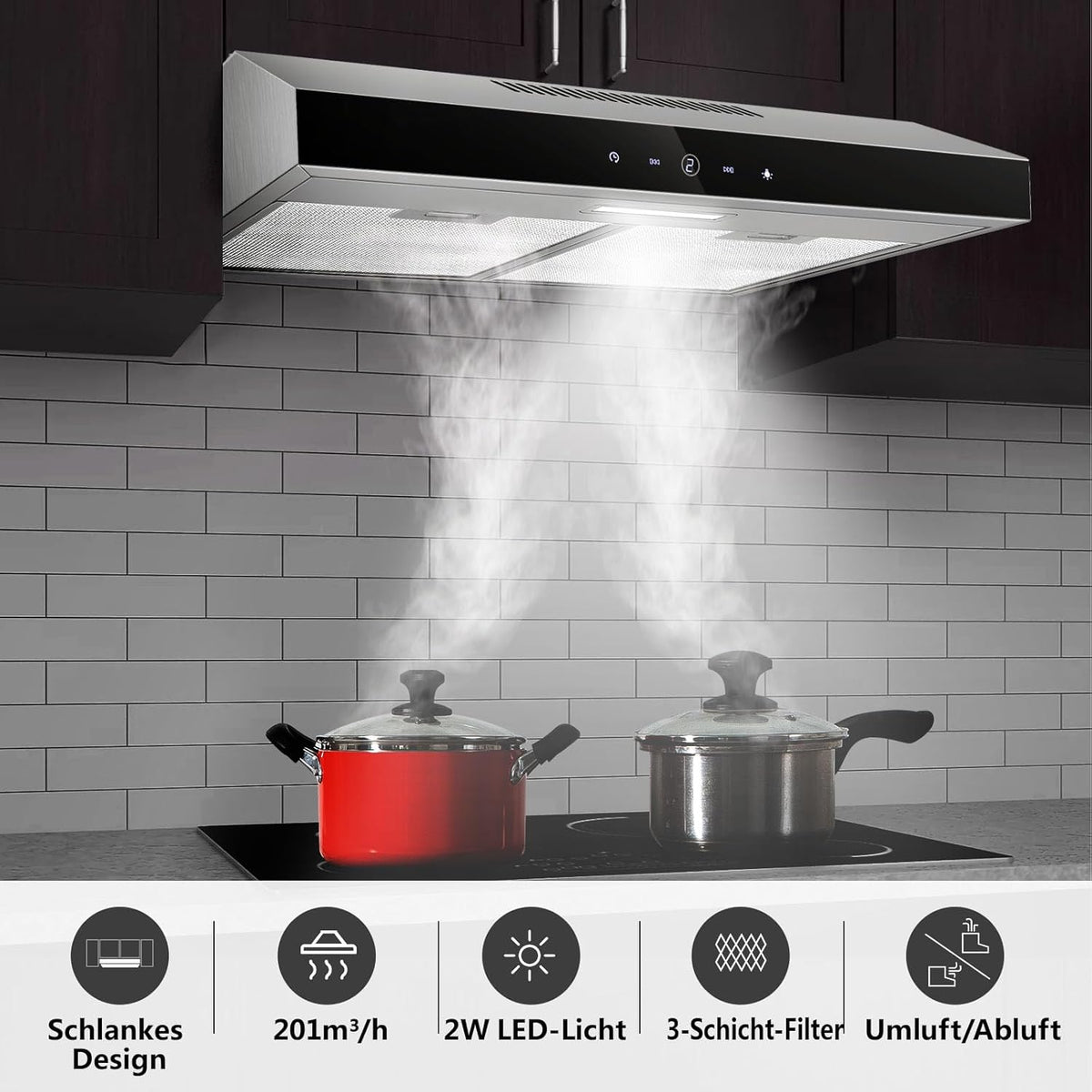TopStrong afzuigkap 60 cm, onderbouw afzuigkap 60 cm, recirculatie/afvoer, afzuigkap met CF-K actieve koolfilter, 201 m³/h luchtstroom, roestvrijstalen afzuigkap, 3 standen Soft Touch bediening
