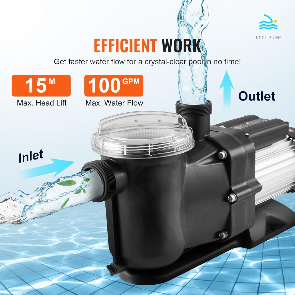 VEVOR Bovengrondse zwembadpomp, 1200 W, eenspeed zwembadpomp 100 GPM, snelheid 2850 omw/min, zwembadpomp met hefkop, max. 15 m, met filtermand, voor bovengrondse zwembaden, spa's