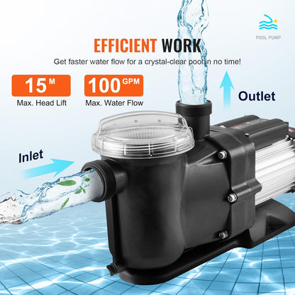 VEVOR Bovengrondse zwembadpomp, 1200 W, eenspeed zwembadpomp 100 GPM, snelheid 2850 omw/min, zwembadpomp met hefkop, max. 15 m, met filtermand, voor bovengrondse zwembaden, spa's