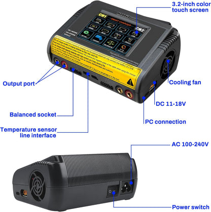 LiPo Oplader – RC Acculader – Batterijlader – Accu Oplader – RC Charger – Dubbel Kanaal – 3,2 Inch Kleuren-Touchscreen – 200W AC / 400W DC