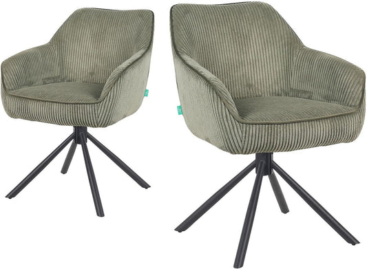 DUBI Möbel Dining Room Chairs Set of 2, 360° Swivel with Pocket Spring, High Seat Comfort, Load Capacity up to 150 kg, Cord Fabric Green, Robust Metal Cross Frame, Modern Design, Mika-Maya - QUORE