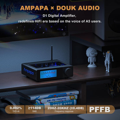 2-kanaals Bluetooth-versterker: HiFi 300W x2 stereoversterker met BT 5.2 | HPF | Digitale VU-meter | SUB Pre-Out | TRS-gebalanceerde ingang | Toonbediening en afstandsbediening voor Home