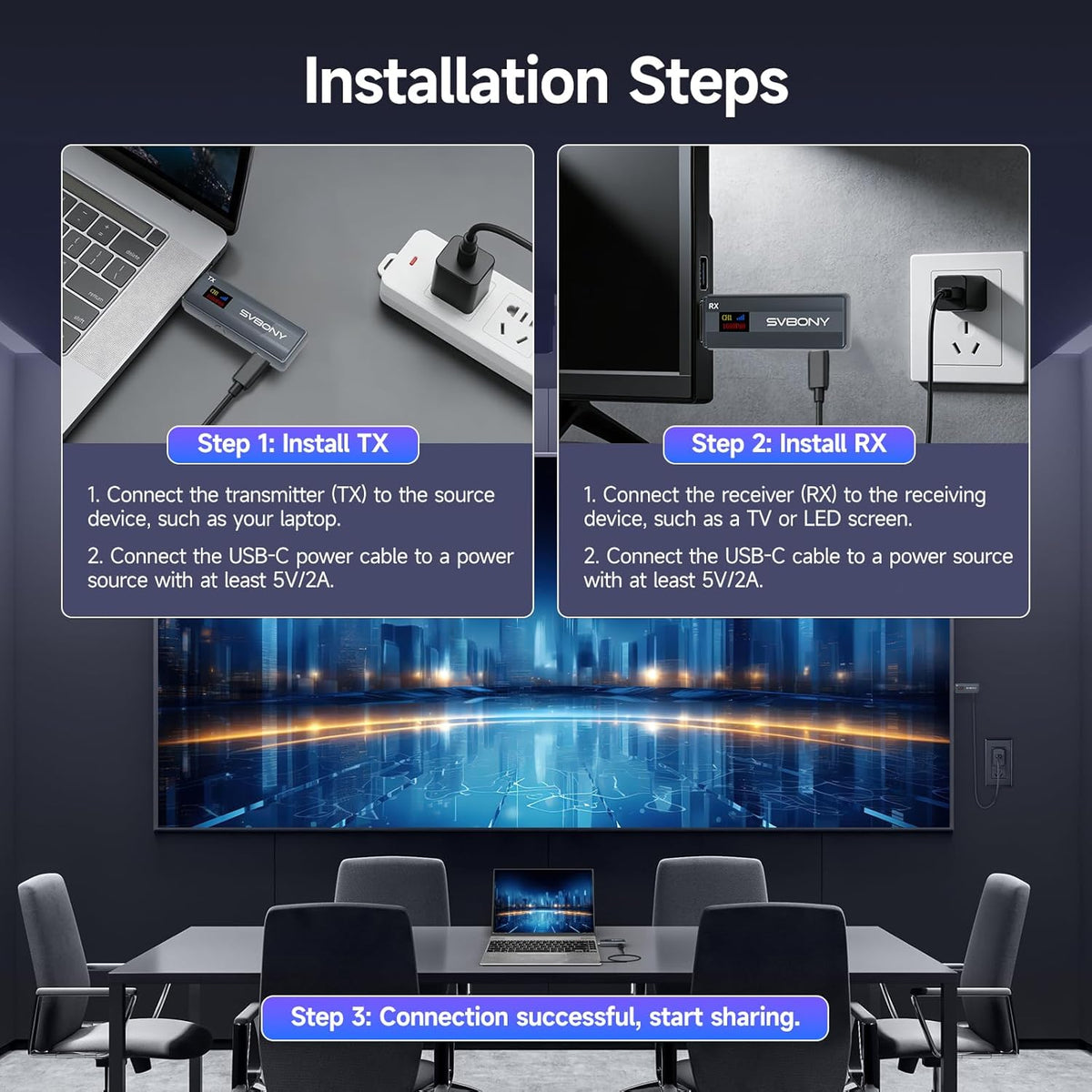 Svbony TransAir1 HDMI Zender en Ontvanger, HD Draadloze HDMI Verlenger met OLED Kleurendisplay, 9 Kanalen, 2.4G&5G, Storingsvrij, 50-80M Bereik in open Ruimte voor Camera, Pc, Tv Box, Laptop