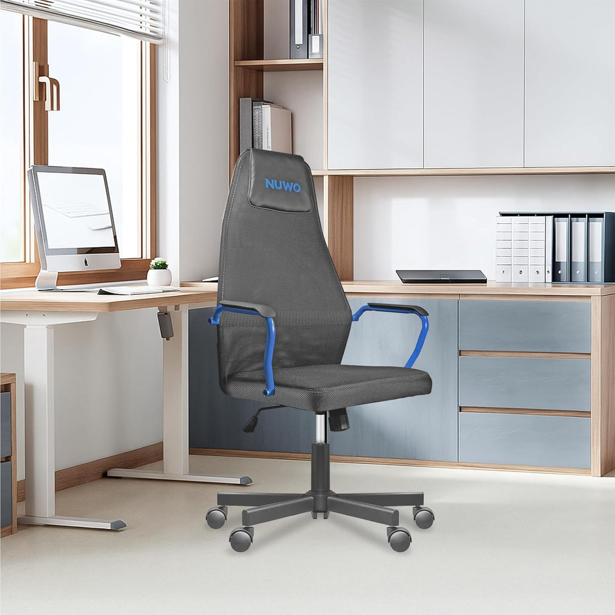 Nuwo Grid Gamingstoel, draaibaar, in hoogte verstelbaar, ergonomische bureau- en bureaustoel, ademende zitting en rugleuning, draagkracht 110 kg, blauw