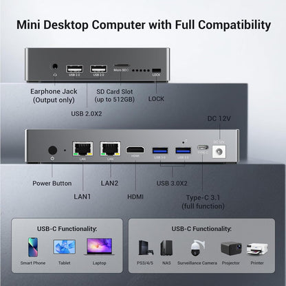 Mini PC Win 11 Pro, 12 Gen N95 (3.4 GHz), 7 Inch Screen, 8 GB RAM, 128 GB eMMC with Battery, USB-C Mini Computers, 2.5 GbE LAN Desktop Computer, Dual Display, 4K 60Hz, HDMI WiFi 5 BT 5.0