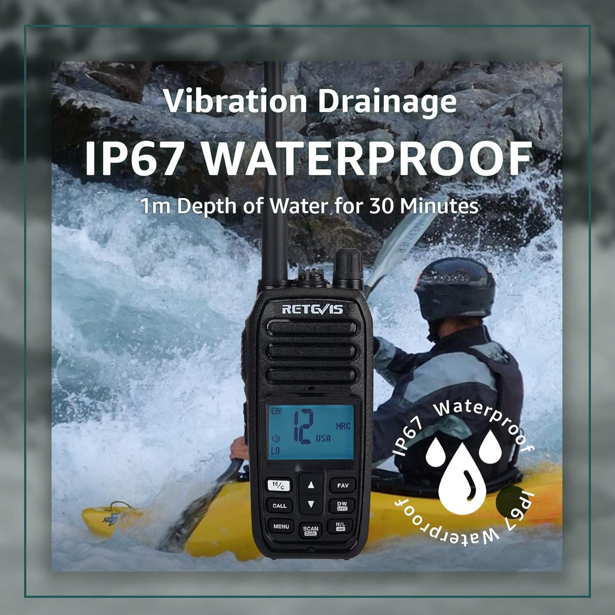 Retevis RM21 Handheld Marine Radio, IP67 Waterdichte Walkie Talkie, AI Intelligente Ruisonderdrukking, 88 Kanalen Ship to Shore Two Way Radio voor Kustwacht, Kajakken, Vissen(Zwart,1 Pack)