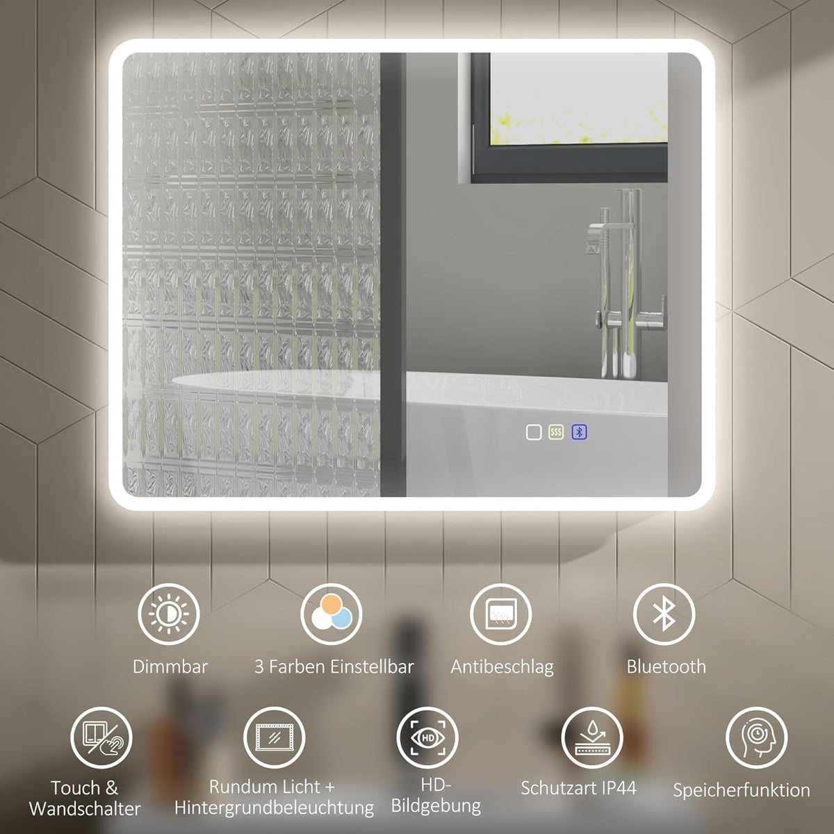 Verlichte Badkamerspiegel – Led Spiegel – Touch Spiegel – Bluetooth Spiegel – Anti-Fog Spiegel – 90x70 cm – Dimbare 3-Kleurige Ledverlichting – Geheugenfunctie