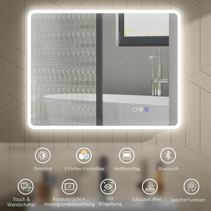 Verlichte Badkamerspiegel – Led Spiegel – Touch Spiegel – Bluetooth Spiegel – Anti-Fog Spiegel – 90x70 cm – Dimbare 3-Kleurige Ledverlichting – Geheugenfunctie
