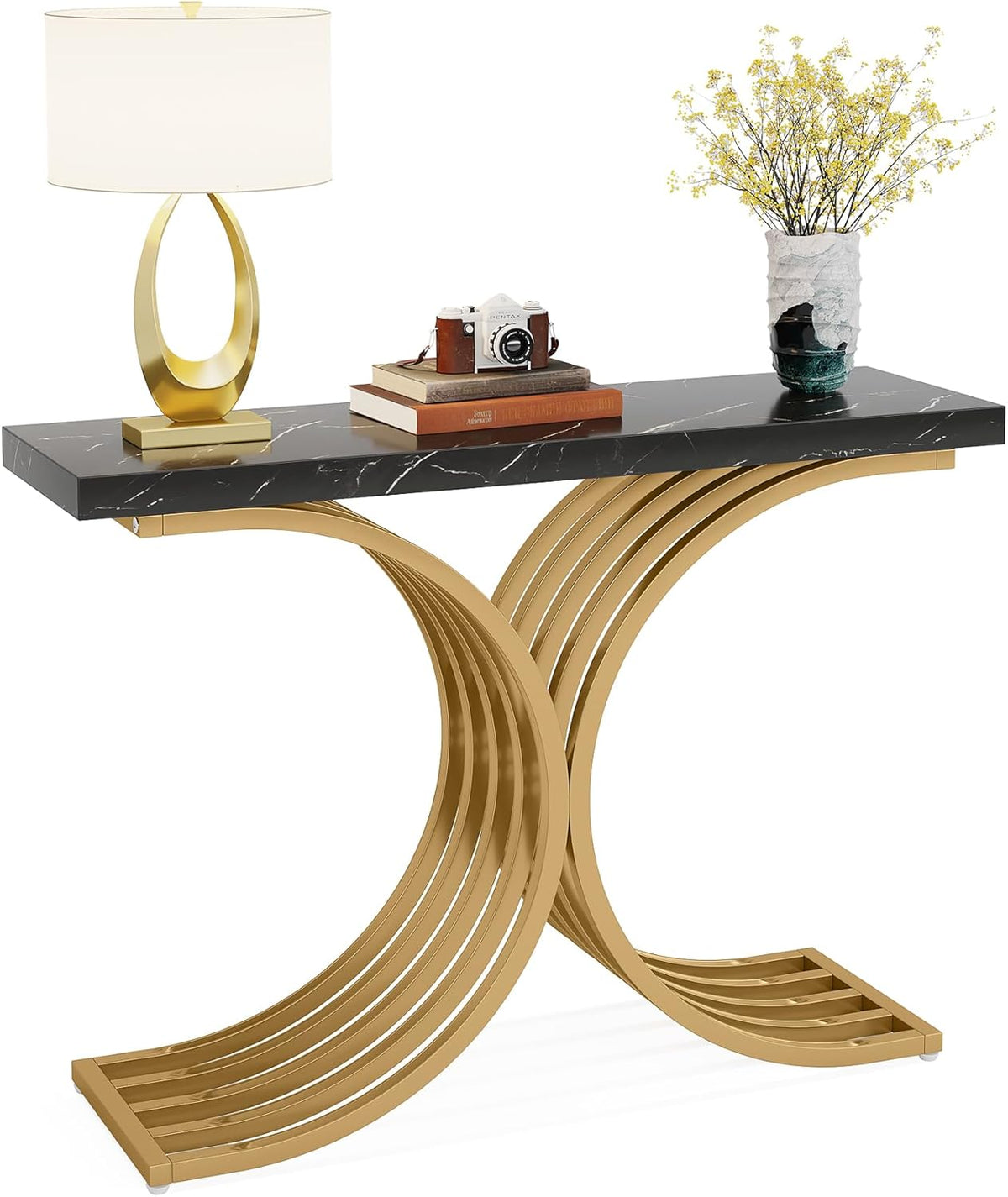 Tribesigns Narrow Console Table with Gold Metal Structure, 100 x 30 x 80 cm, Small Side Table for Hallway, Small Exhibition, for Sofa, Entrance and Living Room in Narrow Spaces