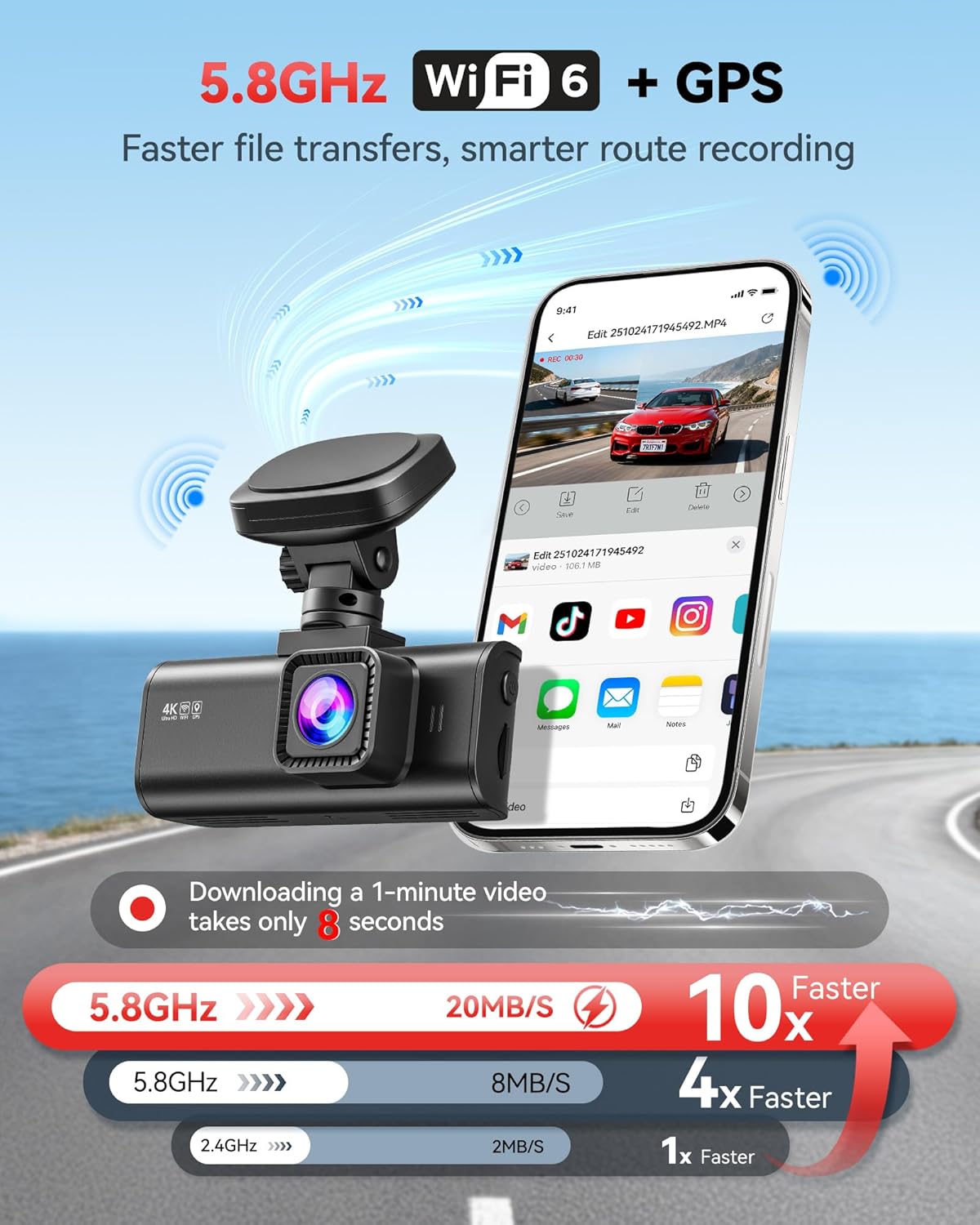 Dubbele Dashcam – Dashboardcamera – Autocamera – Auto Camera – Rijcamera – 4K Voorcamera en 1080P Achtercamera – 170° Groothoek met WiFi en GPS