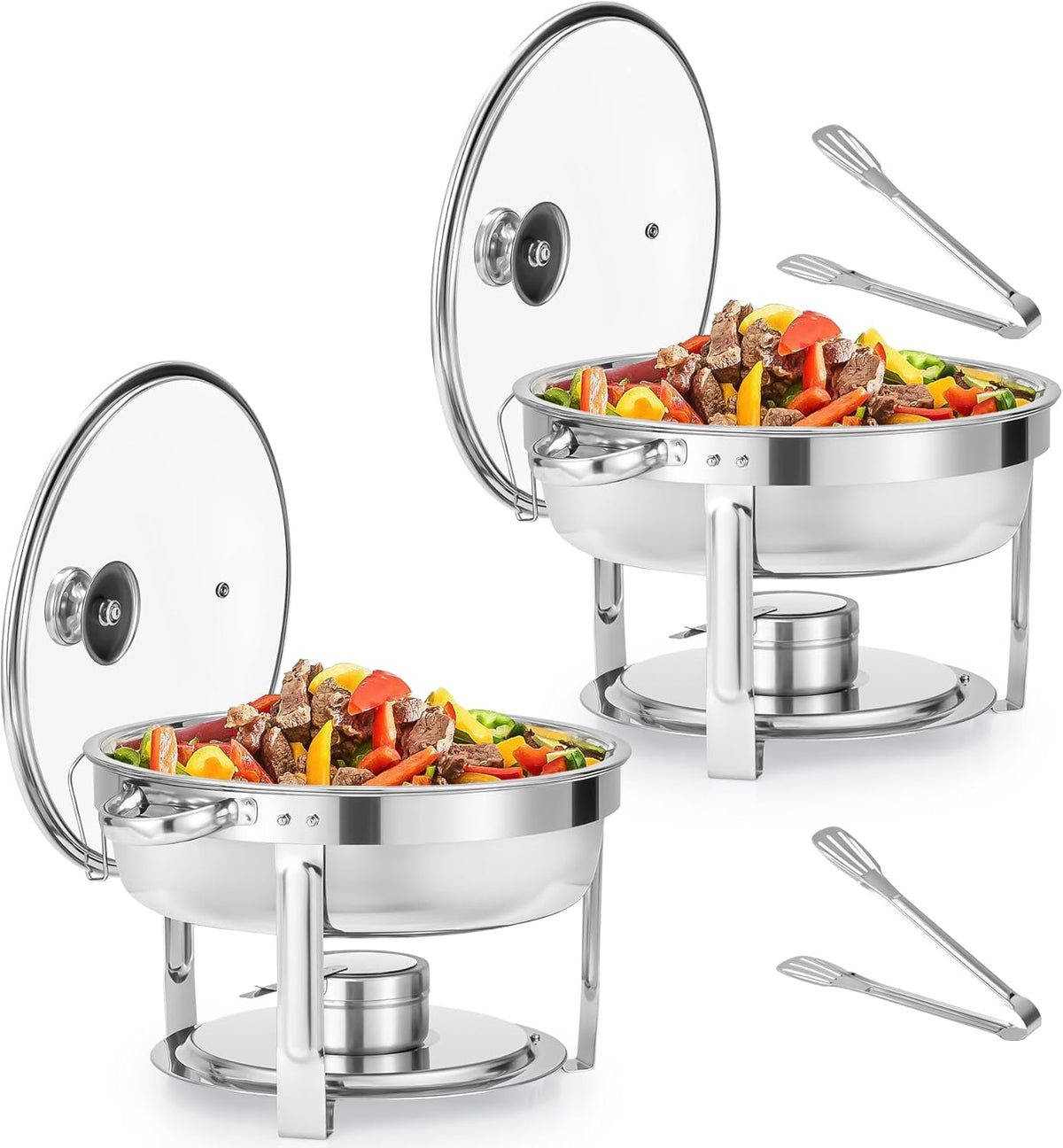 Wilprep Chafing dish rond met glazen deksel, Buffet set van 2, RVS voedselwarmer kit 5,5 liter, Bain Marie met brandpasta houder, voor partijen buffetten banketten diners