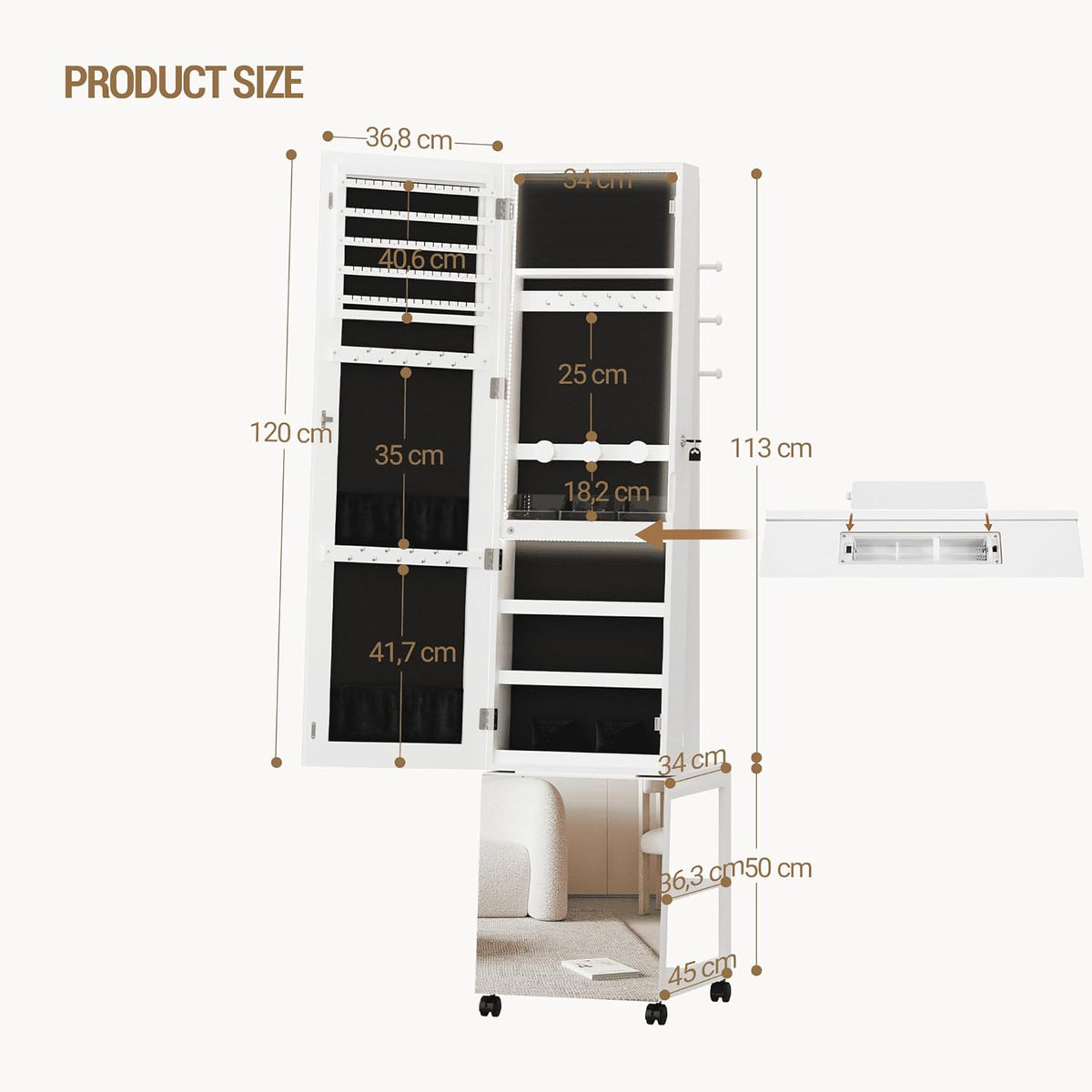 Hzuaneri Jewellery Cabinet with Light Frame, Mirror, Standing Jewellery Cabinet with Clothes Stand, Movable Full Body Mirror with Wheels, Lockable Storage Compartments with Hooks, White JC17103B