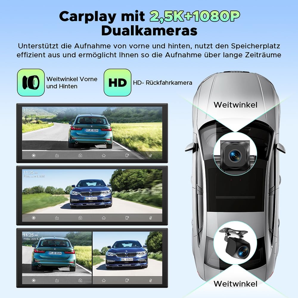 Draadloos CarPlay Display – Android Auto Scherm – Autoradio Touchscreen – Auto Multimediasysteem – In-Car Entertainment – 10,25 Inch In-Cell Touchscreen – Voor- en Achter Dashcam 2.5K + 1080p