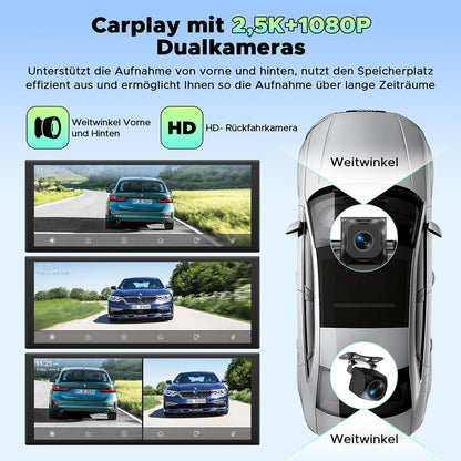 Draadloos CarPlay Display – Android Auto Scherm – Autoradio Touchscreen – Auto Multimediasysteem – In-Car Entertainment – 10,25 Inch In-Cell Touchscreen – Voor- en Achter Dashcam 2.5K + 1080p