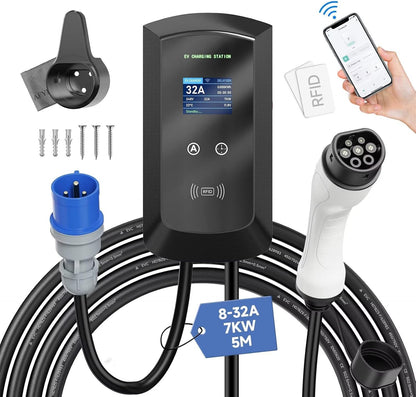 EV-oplader Type 2 – Laadkabel EV – Mobiele Lader – Wallbox Oplader – EV Laadstation – Instelbare Stroom 8-32A – Weerbestendig IP65
