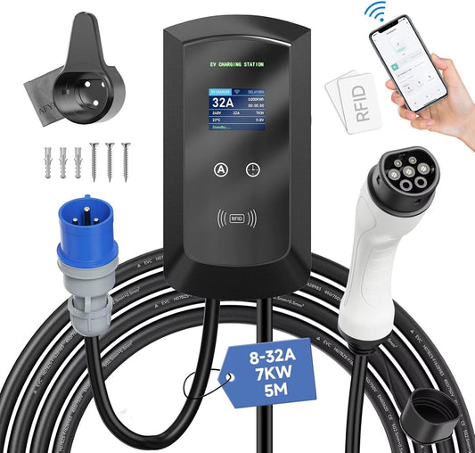 EV-oplader Type 2 – Laadkabel EV – Mobiele Lader – Wallbox Oplader – EV Laadstation – Instelbare Stroom 8-32A – Weerbestendig IP65