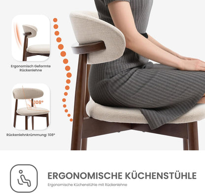 COLAMY Keukenstoel, eetkamerstoelen, set van 2, moderne gestoffeerde stoel, eetstoelen met vaste rugleuning, stoffen eetkamerstoel met houten poten, voor eetkamer, keuken, restaurant, beige