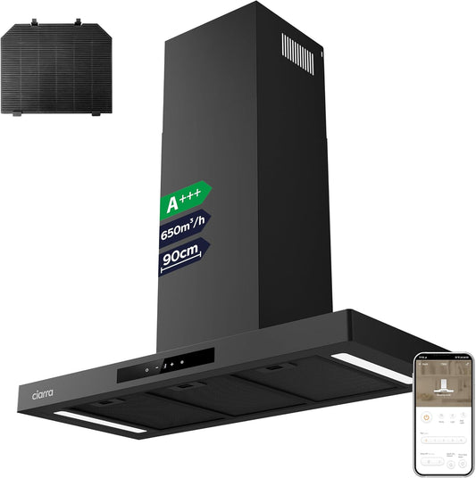 CIARRA CBCB9102-P A+++ Afzuigkap 90cm Recirculatielucht Afzuigkap 650m³/h Wi-Fi App Touch-bediening 4 niveaus Incl. booster Zwart