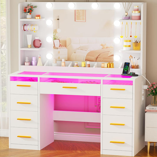 ANWBROAD Makeup Table with Mirror and Adjustable LED Lighting, 3 Colours, Transparent Glass Pane, Large Dressing Table with Socket, 9 RGB Drawers, 4 Shelves, White BDT95W - QUORE