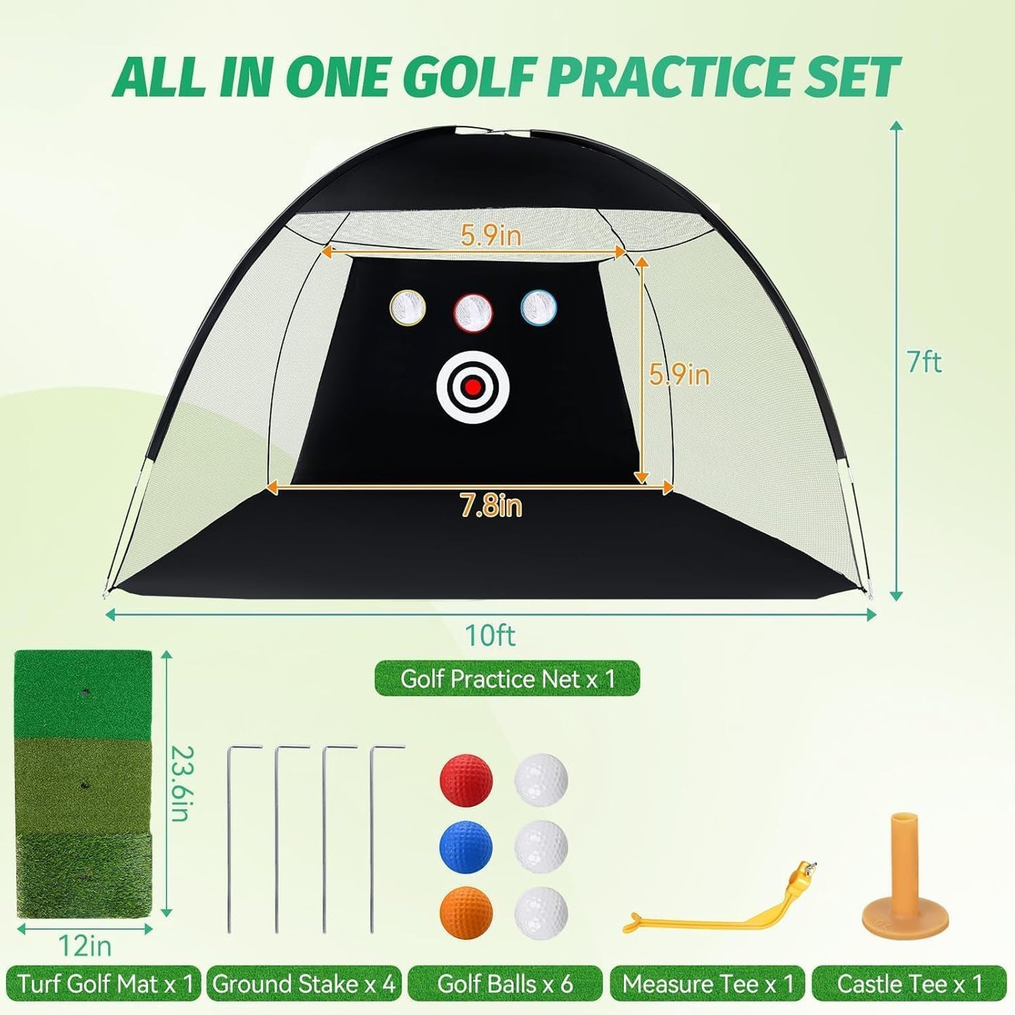 10 × 7 FT Golf Oefennet - Golfslagnet met Swing Trainer Praktijkmat Draagtas 6 oefenballen voor binnen buiten rijden en chippen praktijk duurzaam net voor chippen volledige swing training