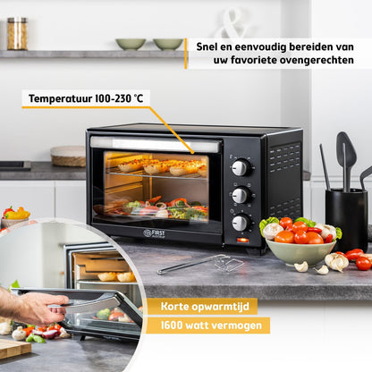 TZS First Austria - Minibakoven 35L 1600W - Mini Bakoven Pizzaoven traploze temperatuurregeling tot 230°C & antiaanbaklaag - Minioven 60 min. timer, 3 inschuifhoogtes, bakplaat & grillrooster
