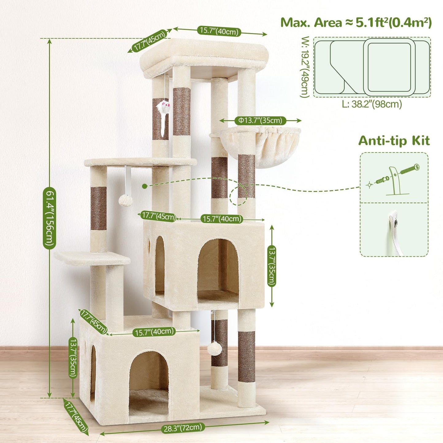 Krabpaal – Kattenboom – Kattenhuis – Krabmeubel – Klimpaal – Grote Basis 72x45 cm – 2 Luxe Kattenhuisjes – Hoogte 156 cm – Stabiel – Sisal Krabpalen – Anti-Omval
