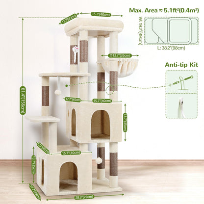 Krabpaal – Kattenboom – Kattenhuis – Krabmeubel – Klimpaal – Grote Basis 72x45 cm – 2 Luxe Kattenhuisjes – Hoogte 156 cm – Stabiel – Sisal Krabpalen – Anti-Omval