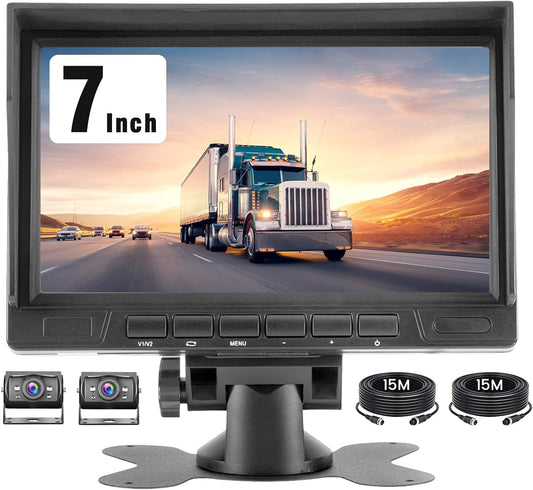 1080P HD 2 x achteruitrijcamera met 7 inch IPS-monitor, 2 delen beeldscherm/parkeerhulp, IP69 AHD achteruitrijcamera, auto, nachtzicht voor vrachtwagen, SUV, camper, met zonneklep, 2 x 15 m