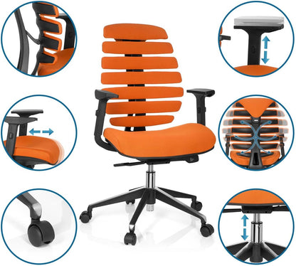 Ergonomische bureaustoel – Bureaustoel Draaistoel Kantoorstoel Werkstoel Designstoel – Vijfvoudig Verstelbare Armleuningen – Geïntegreerde Lendensteun – Traploze Hoogteverstelling – Synchroonmechanisme – Oranje Stof