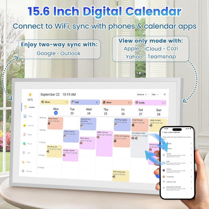 Digital Calendar, 15.6 Inch Smart Calendar & Chore Chart, 1920x1080 IPS Touchscreen Display for Family Schedule, Sync Schedules & Share Moments via App from Anywhere - Wall Mounted & Tabletop
