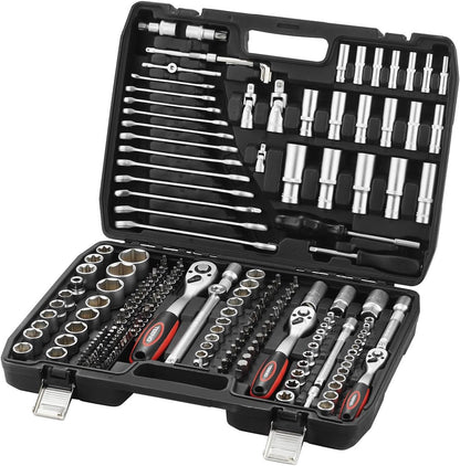 TEENO Dopsleutelset 216-delig, Dopsleutel En Bitset met Ratel 1/4", 3/8", 1/2" inch, Chroom-Vanadium, 72-Tands Snelkoppelingsratel, Mechanische Gereedschapsset voor Auto