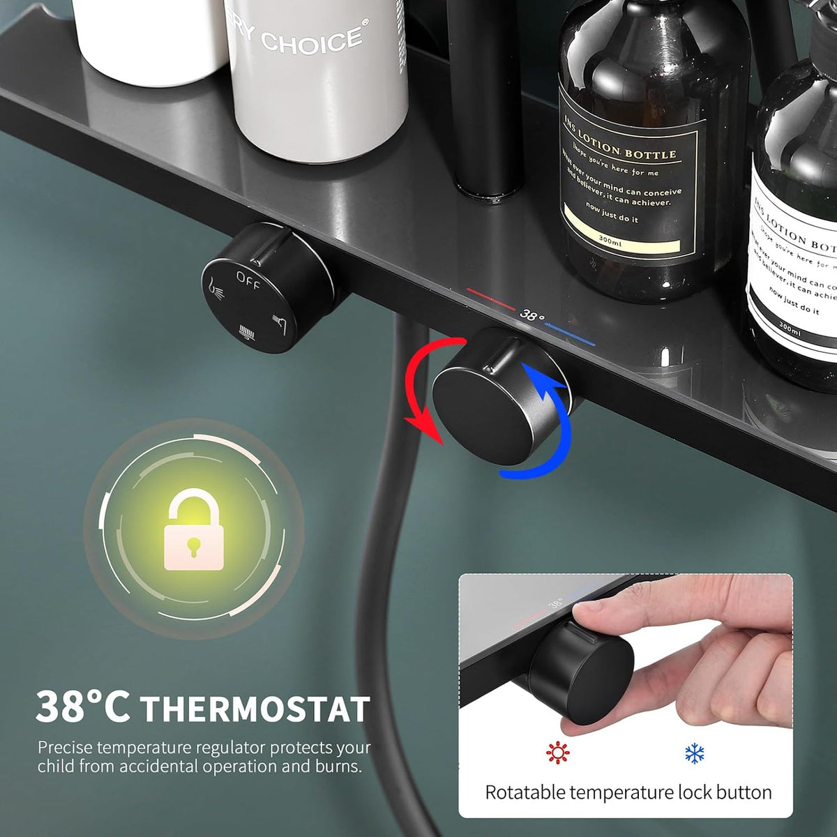 Douchepakket – Regendouche – Thermostaatkraan – Handdouche – Douchecombinatie – Zwart Design – Glazen Plank 40x10 cm – 38°C Veiligheidsstop