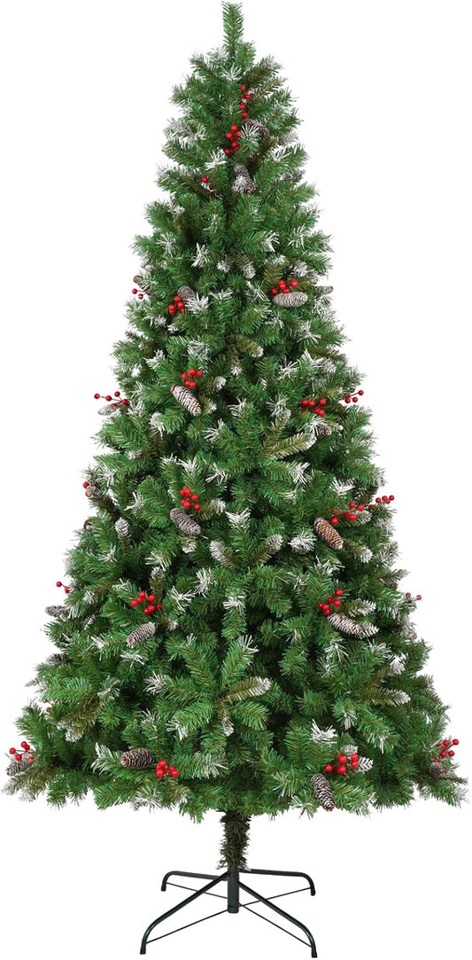 Uten Kunstmatige 2,3 m kerstboom, luxe besneeuwde indoor kerstboom decoratie, 1200 natuurlijk uitziende PVC-tips, 39 groepen rode bessen en dennenappels, scharnierende takken metalen standaard,