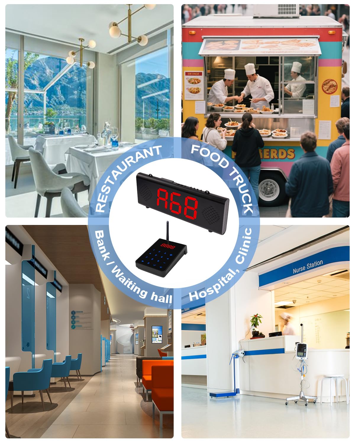 Draadloos oproepsysteem, Pager System, restaurant, scorebord, dienennummer, oproepsysteem, oproepsysteem voor restaurants, klinieken, cafés, banken (2 ontvangers + 1 oproepzender)