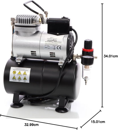 Wiltec airbrush compressor AF186 met luchttank drukregelaar 4 bar automatische Start-Stop