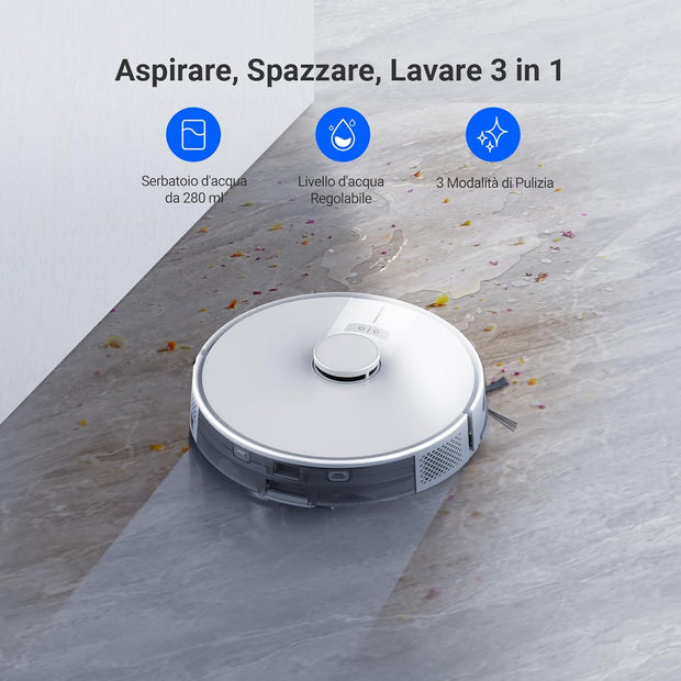 Robotstofzuiger - met Dweilfunctie - 4000Pa - 220 m² - All-in-One Station - 280ml Tank - Autonomie van 170min - LiDAR-Navigatie - App - Alexa - Wit