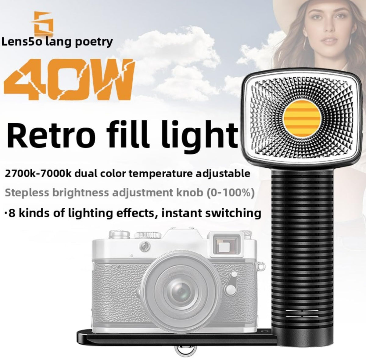 Retro LED Handlamp – Cameralamp – Videolamp – Fotolamp – Handcameralamp – 40W COB LED – 2700K-7000K, Instelbare Helderheid 0-100%
