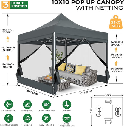 TOOLUCK Heavy Duty pop-up luifeltent met 4 zijwanden, commercieel tuinhuisje, feesttent met klamboe, muur, eenvoudig op te zetten, outdoor instantschermtent voor achtertuin, terras, tuin, grijs