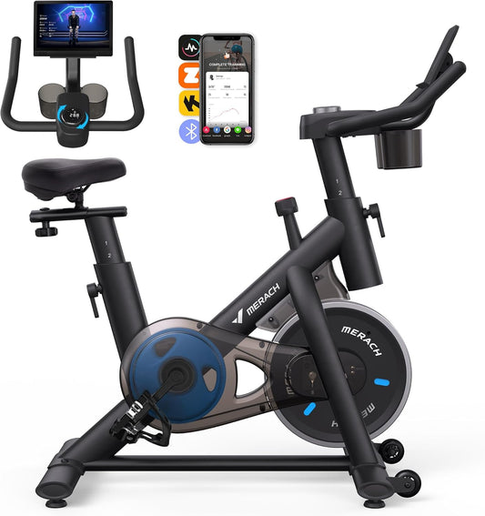 Merach Hometrainer met verstelbare weerstand, stille hometrainer met led-monitor, comfortabel zitkussen, eigen app, capaciteit 136 kg, aerobic-training