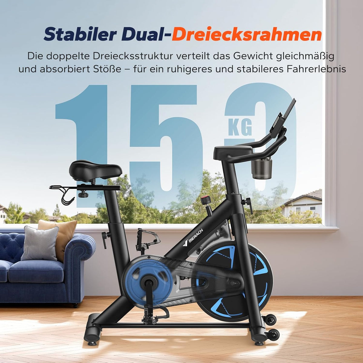 MERACH Hometrainer met magnetische weerstand, stille binnenfiets met dempend luchtkussenzadel, lcd-display, speciale toepassing, stabiel H-frame, belasting tot 150 kg