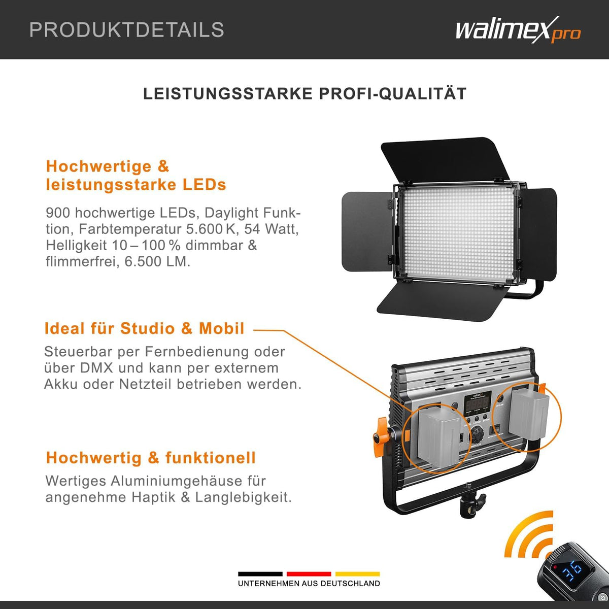 Led-Videolamp Daglicht – Continu Licht – Led-Paneellamp – Fotolamp – Daglichtlamp – 54 Watt, 900 Leds – Dimbaar 10-100%, 5600 K, CRI ≥97