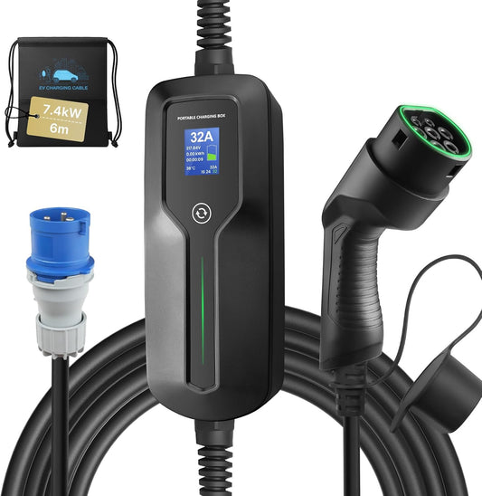 Morec Type 2 EV oplader, CEE-stekker, schakelbare oplaadkabel 16/24/32 A met scherm, draagbaar EV laadstation, IEC 62196-2, laadbox voor elektrische auto, EVSE (Europese stekker) 6 m