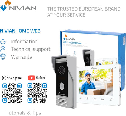 NIVIAN 2-draads video intercom, analoog, met 7 inch monitor, HQ-binnendisplay met bidirectionele audio, IP65 buitenplaat met nachtzicht, elektrische deuropener. Smart Security
